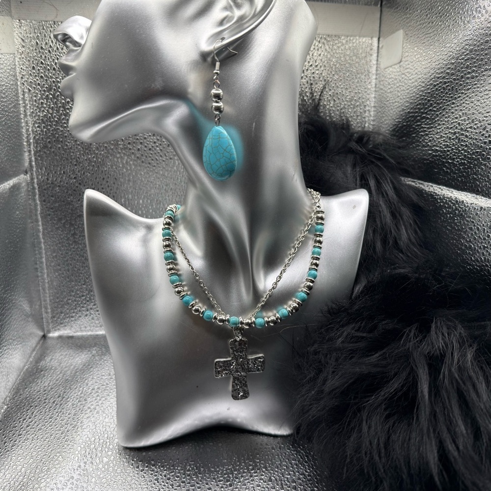 Turquoise Bead Cross Necklace and Teardrop Earrings - Women Jewelry